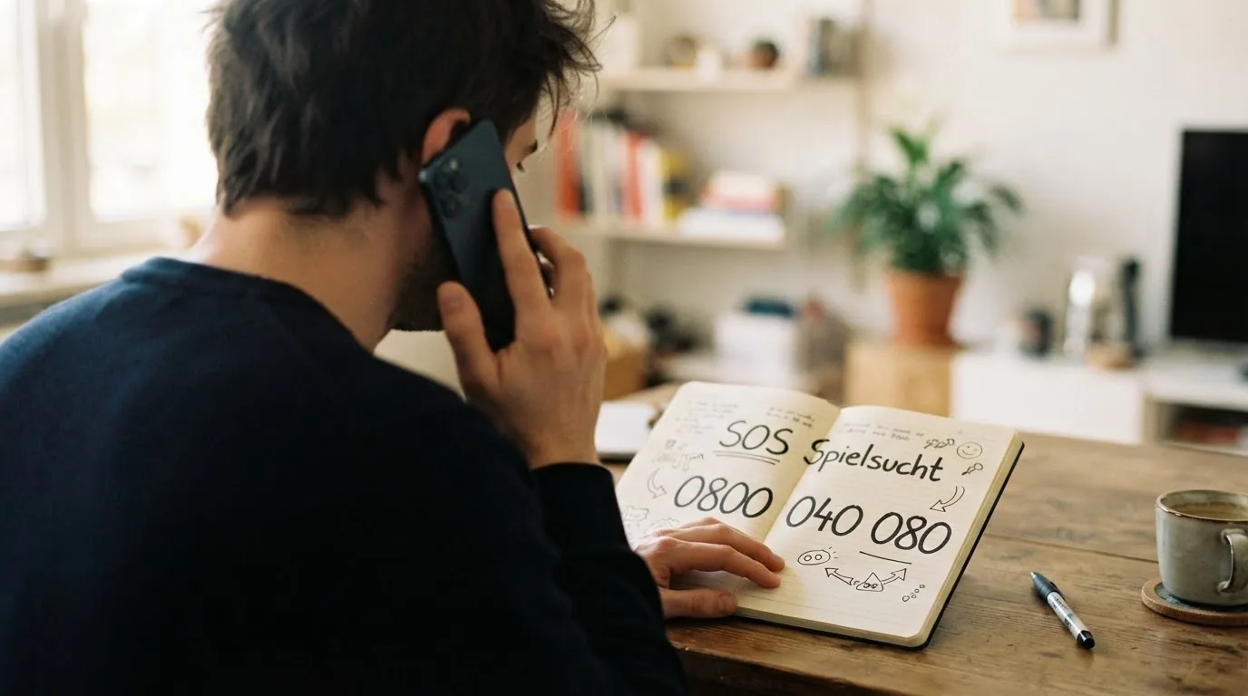Eine Person führt ein Telefongespräch mit einem Notizblock, auf dem «SOS Spielsucht 0800 040 080» steht — die Umgebung ist ruhig und diskret