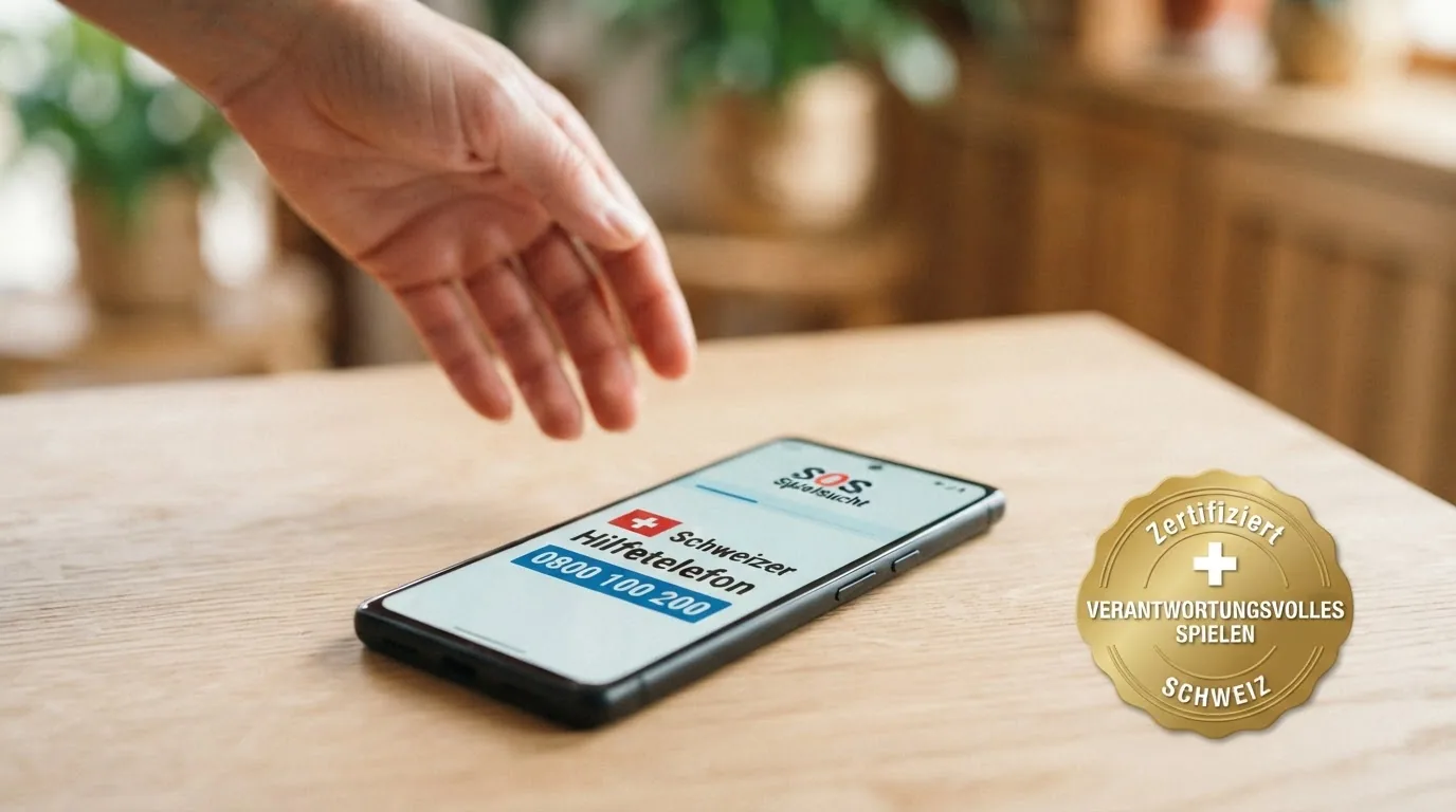 Eine helfende Hand vor einem Schweizer Kreuz, daneben die Nummer 0800 100 200 und das Sucht-Schweiz-Logo