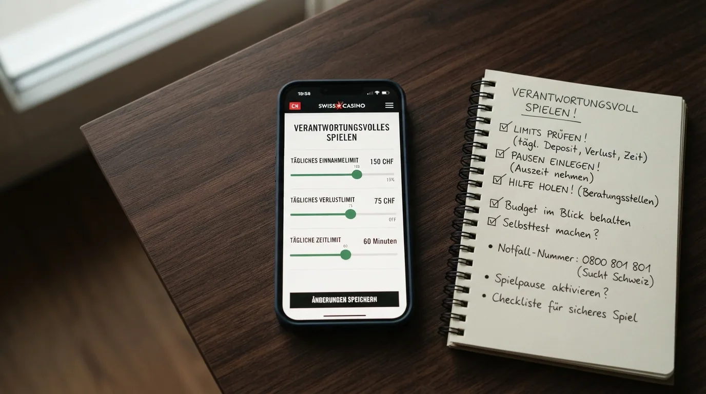 Smartphone mit geöffneter Limit-Einstellungsseite eines Schweizer Online-Casinos, daneben ein Notizblock mit Hilfsnummern