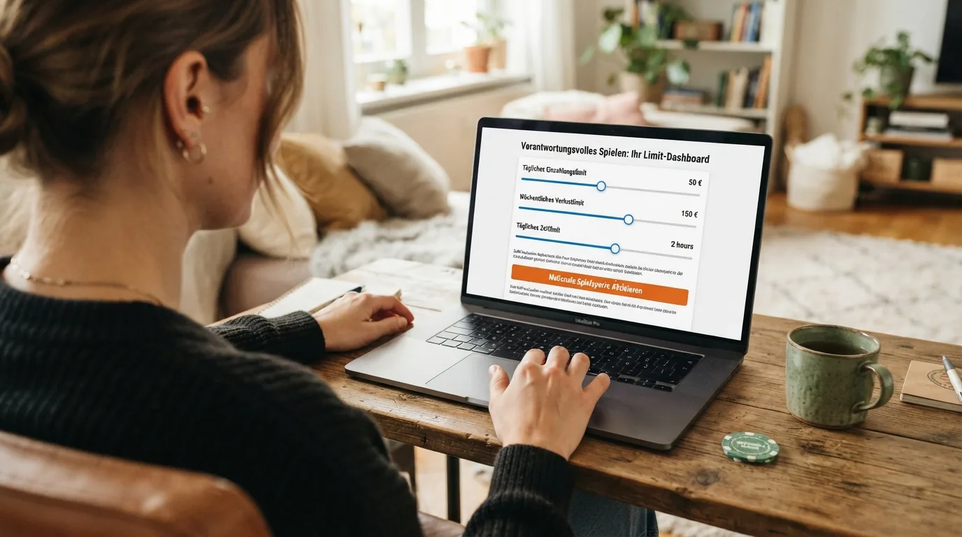 Dashboard-Ansicht mit einstellbaren Limits (Einzahlung, Verlust, Zeit), daneben das Logo der nationalen Spielsperre