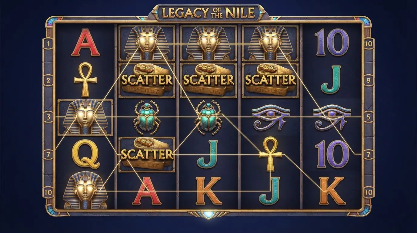 Das 5×3-Spielfeld von Legacy of Dead mit den zehn Gewinnlinien und Symbolen in der Übersicht