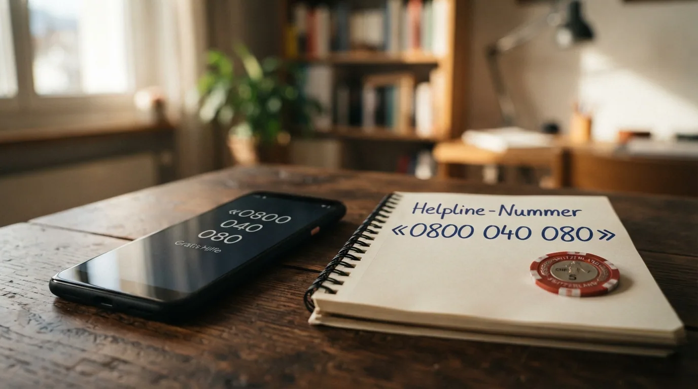 Ein Telefonhörer neben einem Notizzettel mit der Helpline-Nummer 0800 040 080 auf einem Schreibtisch