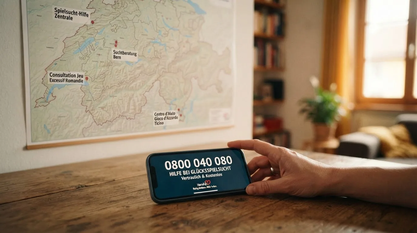 Eine Karte der Schweiz mit markierten Beratungsstellen und eingeblendeter Hotline-Nummer 0800 040 080