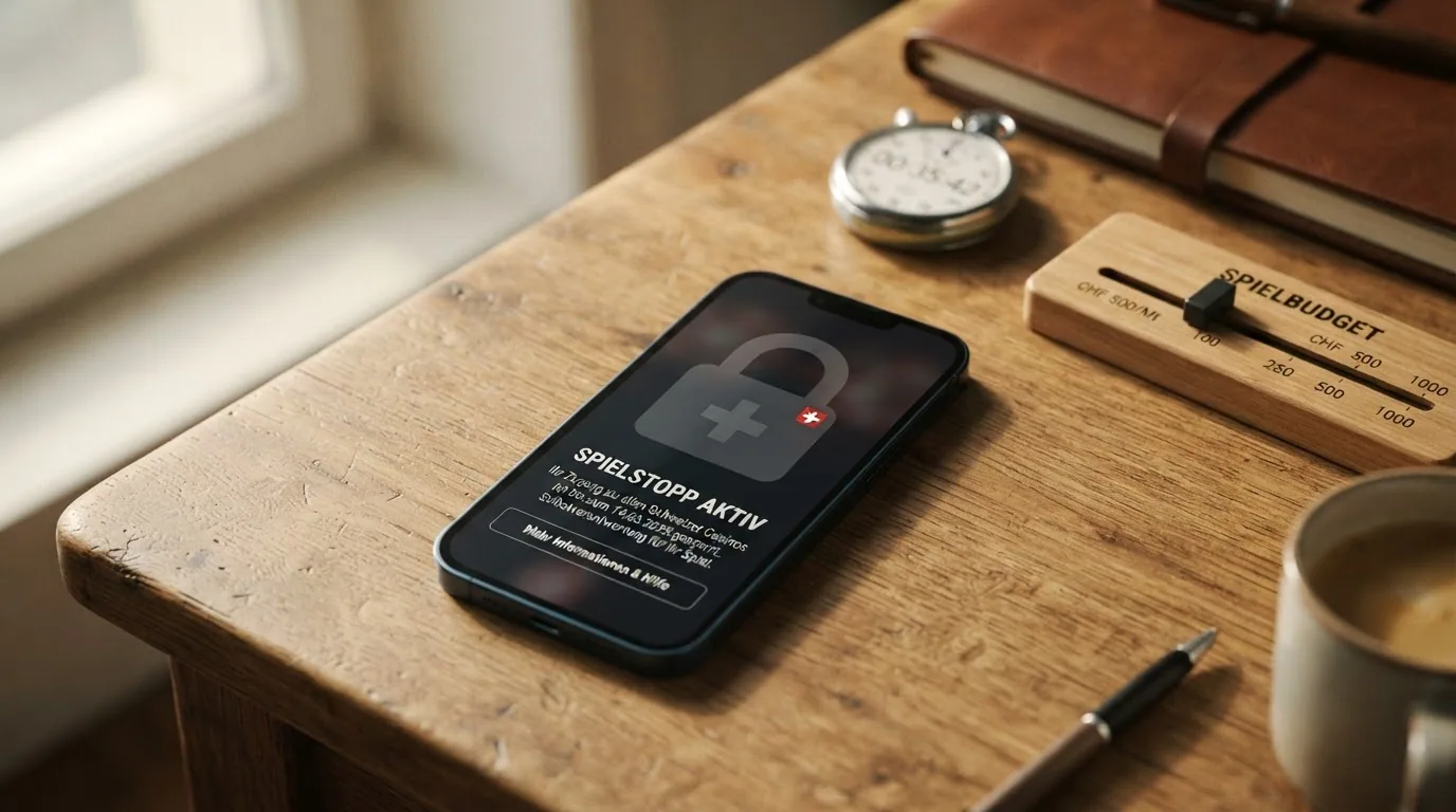 Ein Smartphone mit geöffneter Casino-App, darüber ein transparentes Schloss-Symbol mit Schweizer Kreuz, im Hintergrund eine Stoppuhr und ein Limit-Regler