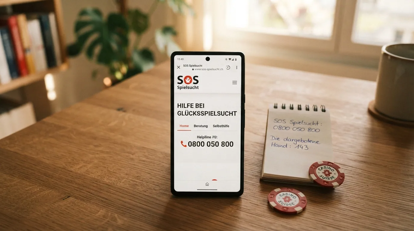Ein Smartphone mit geöffneter SOS-Spielsucht-Webseite und einem daneben notierten Zettel mit den wichtigsten Telefonnummern