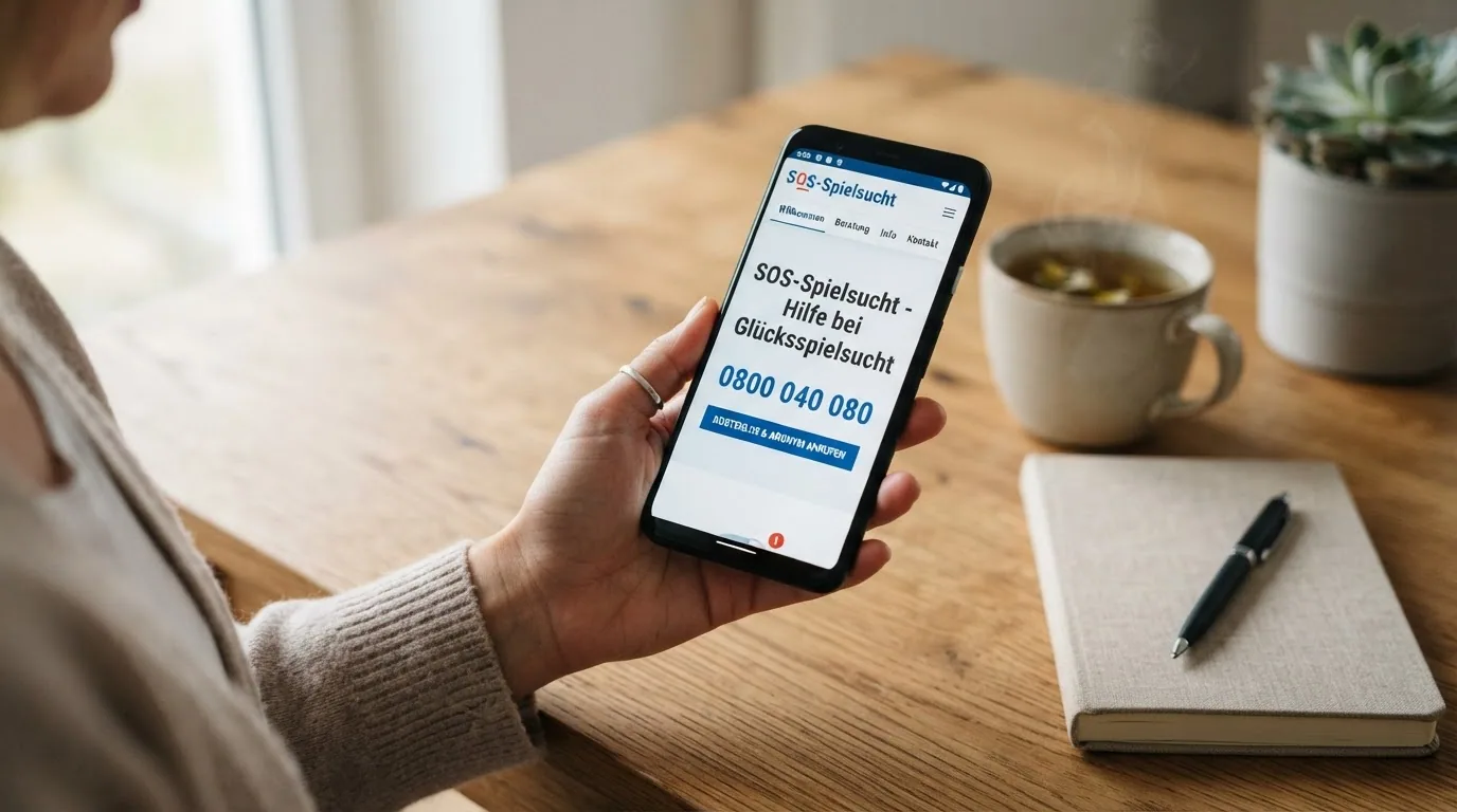 Startseite von sos-spielsucht.ch mit gut sichtbarer Helpline-Nummer 0800 040 080 auf einem Smartphone-Bildschirm