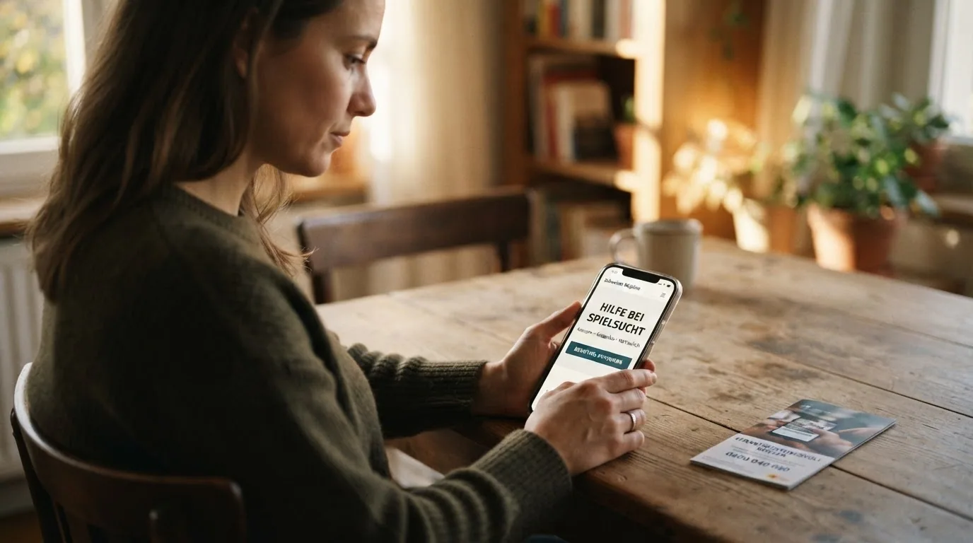 Beratungsgespräch-Szene mit Hinweis auf Helpline-Nummer 0800 040 080, daneben Selbsttest-Bildschirm von duspielst.ch