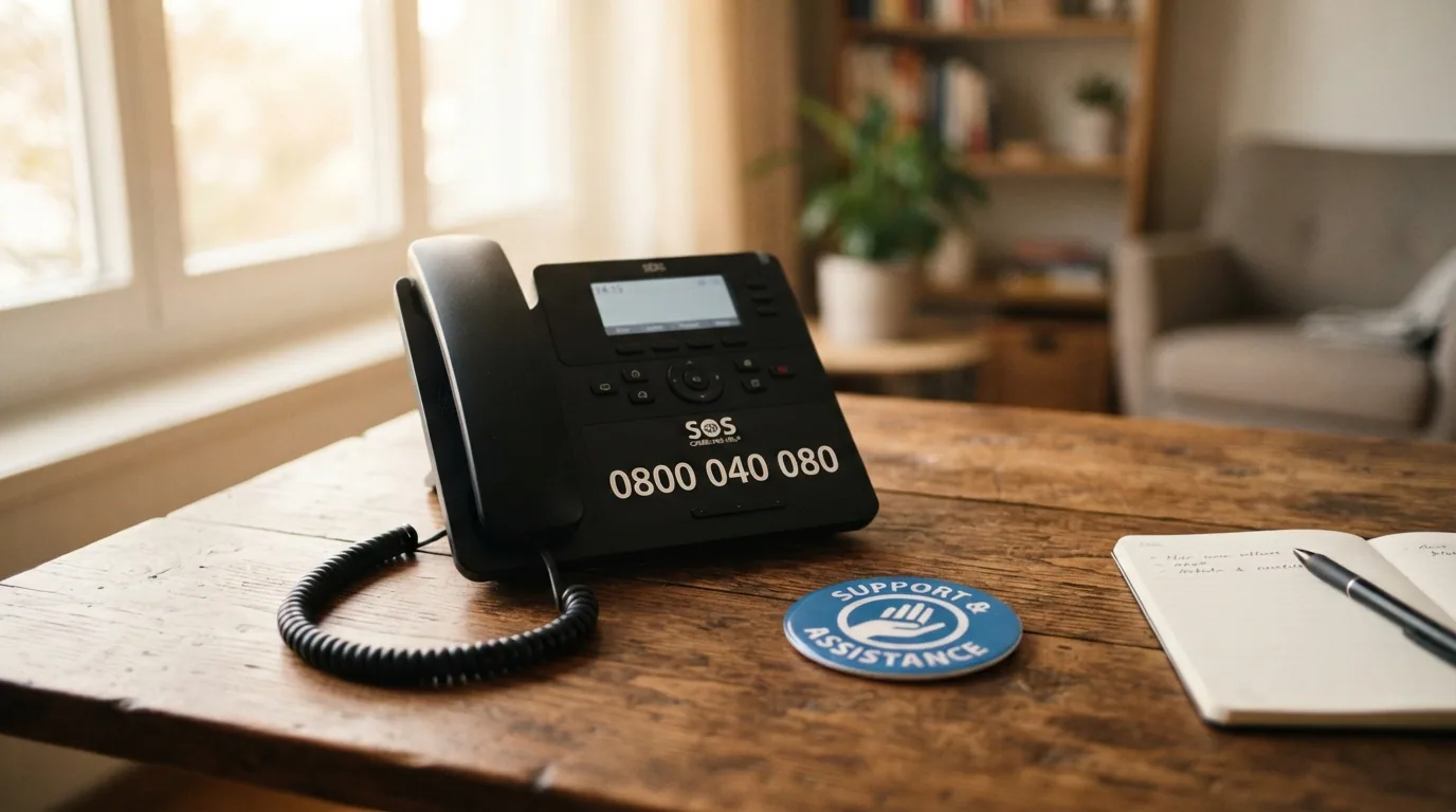 Ein Festnetztelefon mit der sichtbaren Nummer 0800 040 080 und das Logo von Sucht Schweiz daneben