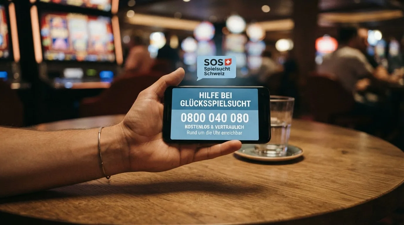 Eine helfende Hand hält ein Smartphone mit geöffneter Hilfeseite, im unscharfen Hintergrund ein Casino-Interface