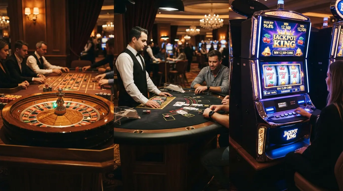 Ein stilisiertes Spielfeld mit drei Zonen — ein Roulette-Rad, eine Blackjack-Hand und eine Slot-Walze — jeweils mit eingeblendeter RTP-Prozentzahl