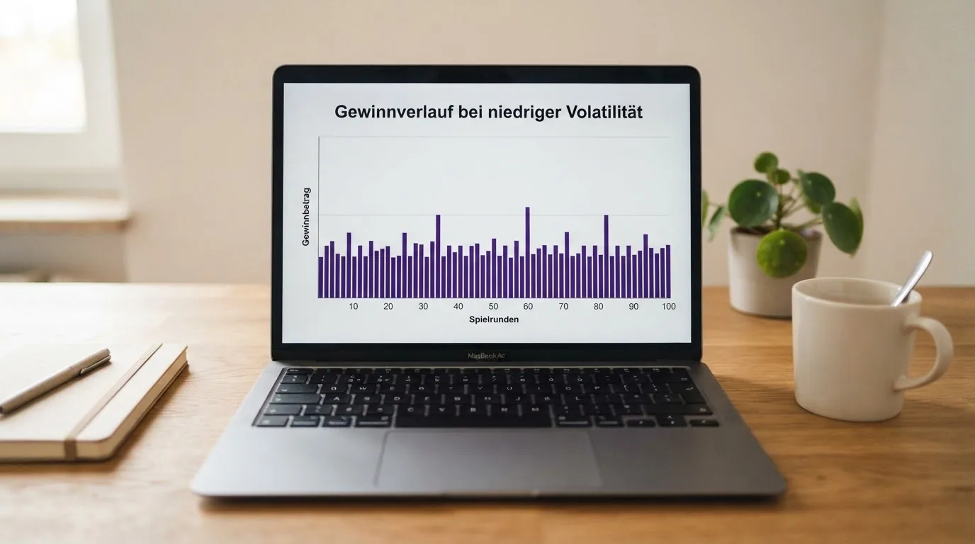 Ein Diagramm, das den Gewinnverlauf bei niedriger Volatilität visualisiert — viele kleine Ausschläge statt seltener hoher Spitzen