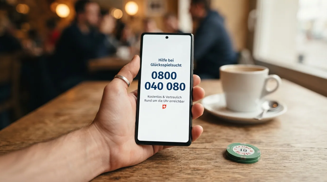 Die Notrufnummer 0800 040 080 auf einem Smartphone mit dem Logo von «Spielen ohne Sucht»