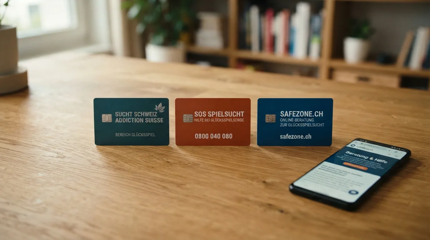 Drei nebeneinander angeordnete Logos: Sucht Schweiz, SOS Spielsucht, SafeZone.ch, mit den jeweiligen Webadressen