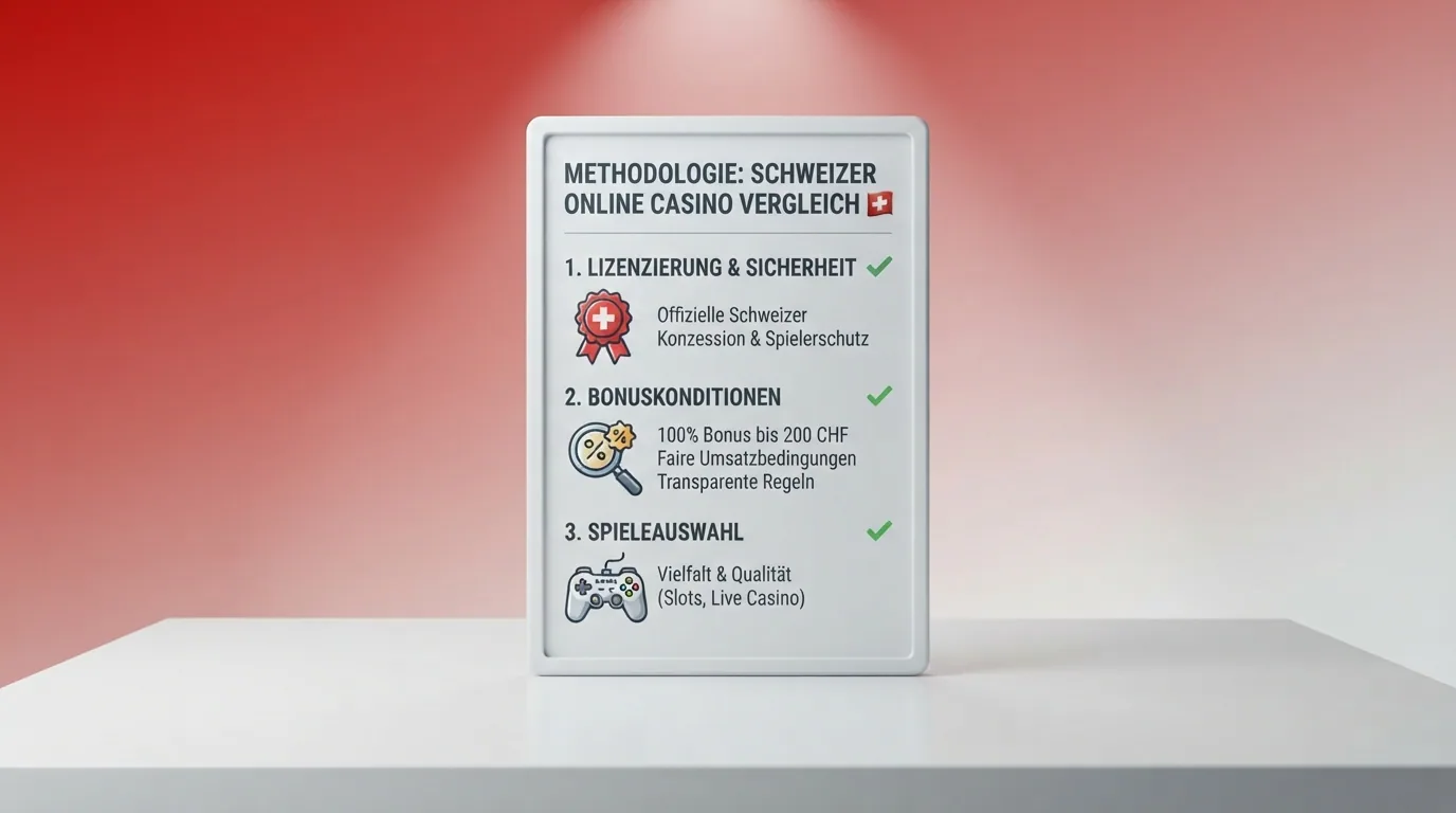 Checkliste mit Lupe über ESBK-Lizenzregister, Bonus-Konditionen und Spielauswahl als bewertete Kategorien