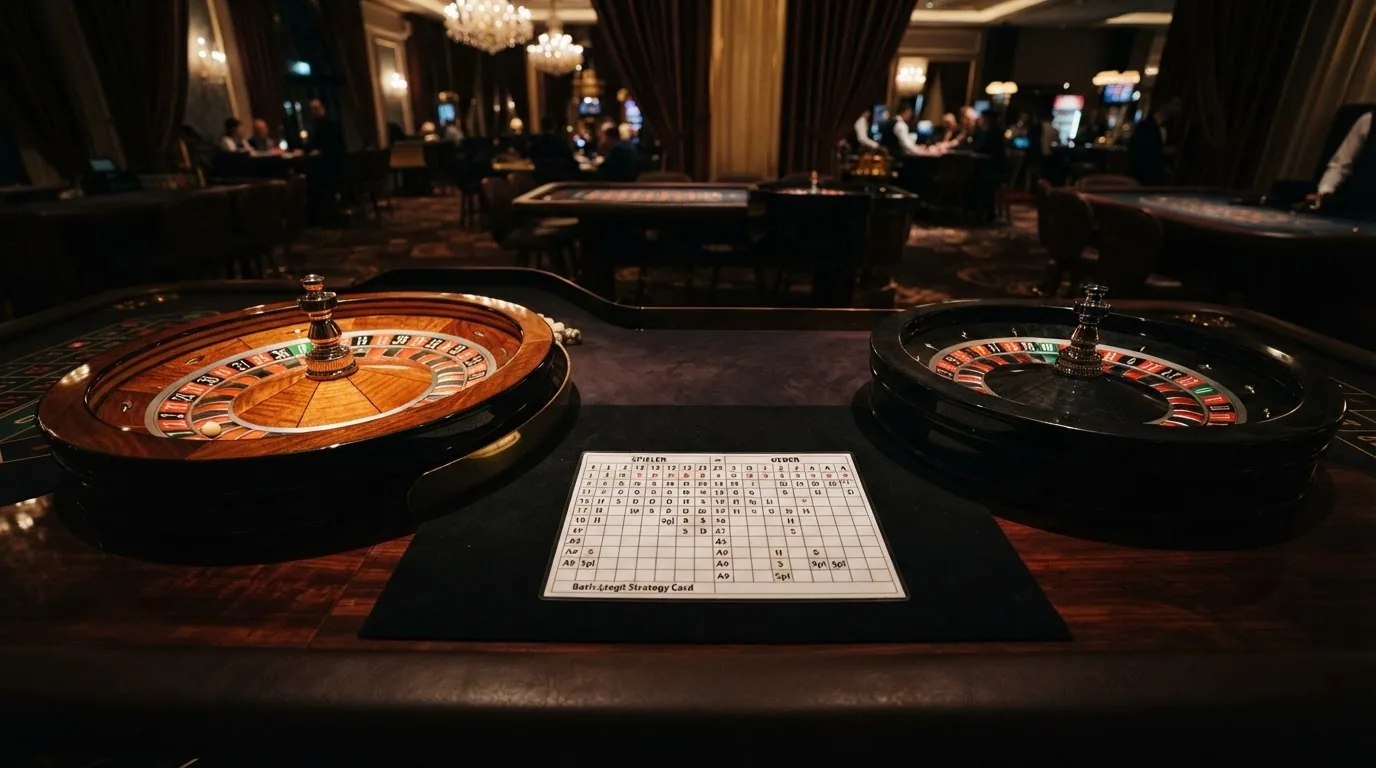 Eine Blackjack-Strategietafel neben einem europäischen und einem amerikanischen Roulette-Rad, mit farblicher Hervorhebung der Einfachnull