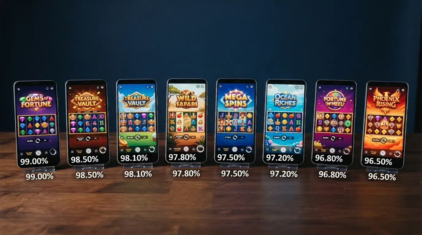 Acht Spielautomaten-Screenshots in einer Vergleichsübersicht, sortiert nach ihrem RTP-Wert von 99 % bis 96 %