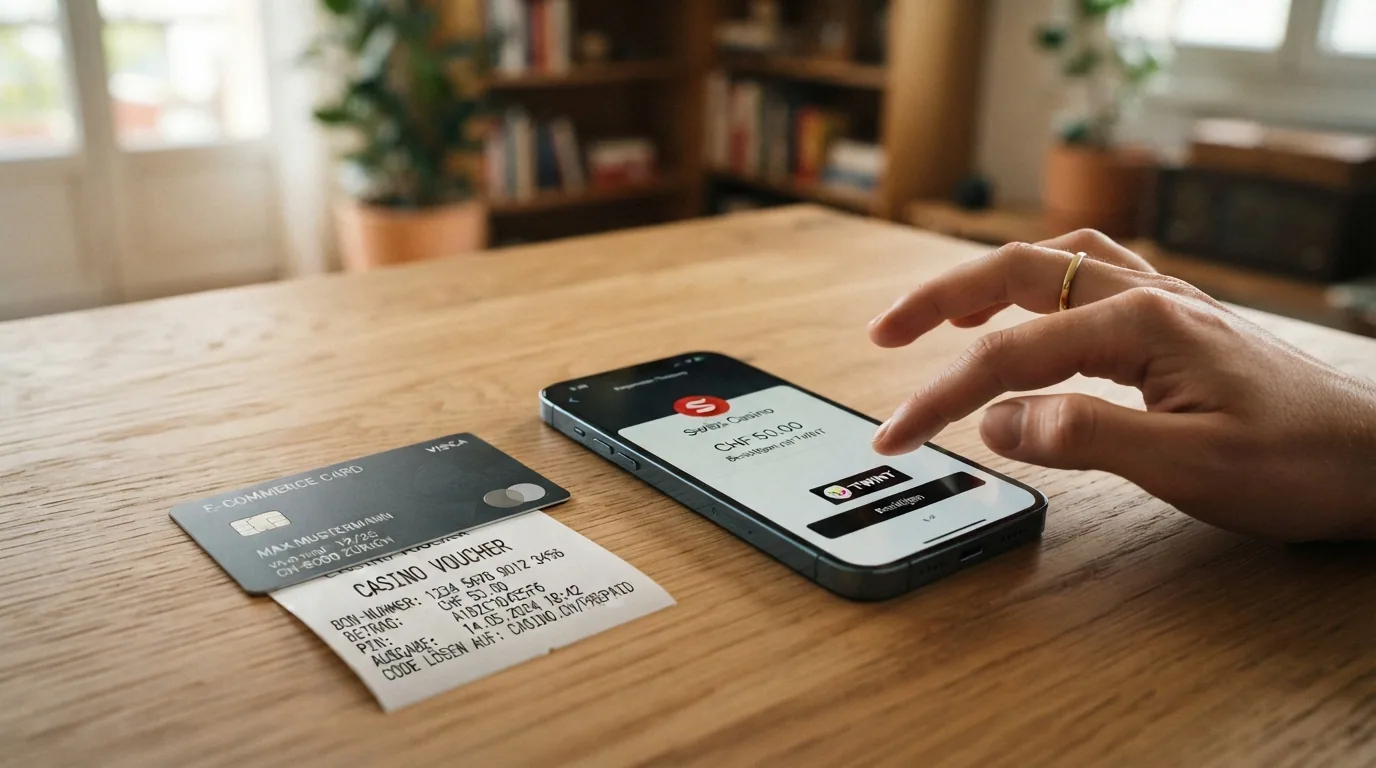 Ein Smartphone mit geöffneter TWINT-App, daneben eine PostFinance-Bankkarte und ein Paysafecard-PIN-Beleg auf einem Tisch