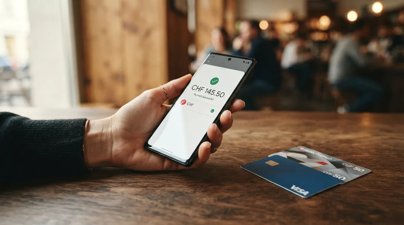 TWINT-App auf einem Smartphone-Bildschirm neben einer Paysafecard und einer Kreditkarte auf einem Tisch