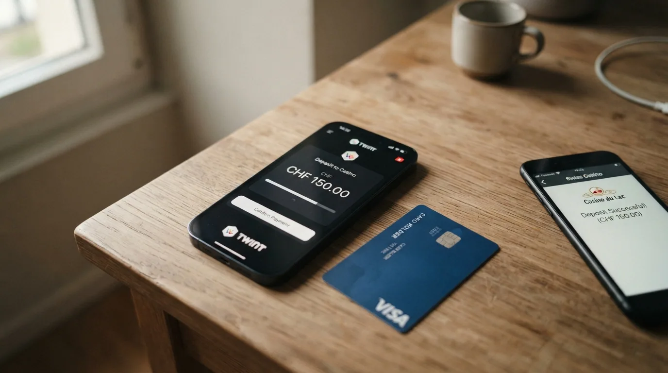 Smartphone mit TWINT-App und eine Kreditkarte neben einem Casino-Einzahlungsbildschirm