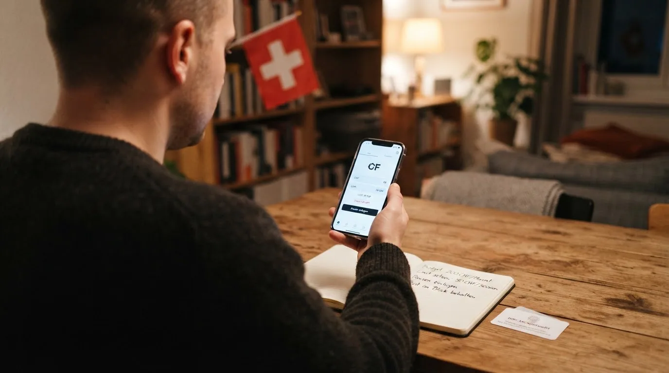 Eine ruhige Szene: Eine Person legt das Smartphone beiseite, im Hintergrund die Schweizer Flagge und das Helpline-Logo «Spielen ohne Sucht»