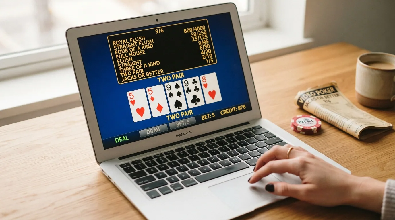 Bildschirm mit Video-Poker-Spiel (Jacks or Better), Paytable am oberen Rand sichtbar, daneben eine Spielautomat-Walze