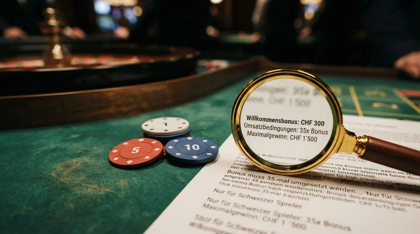 Stilisierte Darstellung eines Willkommenspakets mit Casino-Chips und der Aufschrift «100% bis CHF 1'500», daneben eine Lupe über einem Kleingedruckten-Dokument mit Umsatzbedingungen