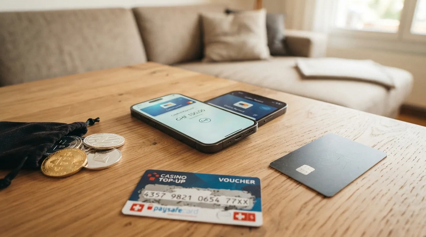 Verschiedene Zahlungsmittel — Kryptowährungen, Prepaid-Karten und E-Wallets — auf einer hellen Fläche gruppiert