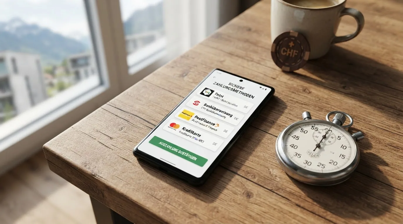 Eine Reihe von Zahlungssymbolen — TWINT, PostFinance, Apple Pay, Visa, Skrill — mit einer Stoppuhr daneben