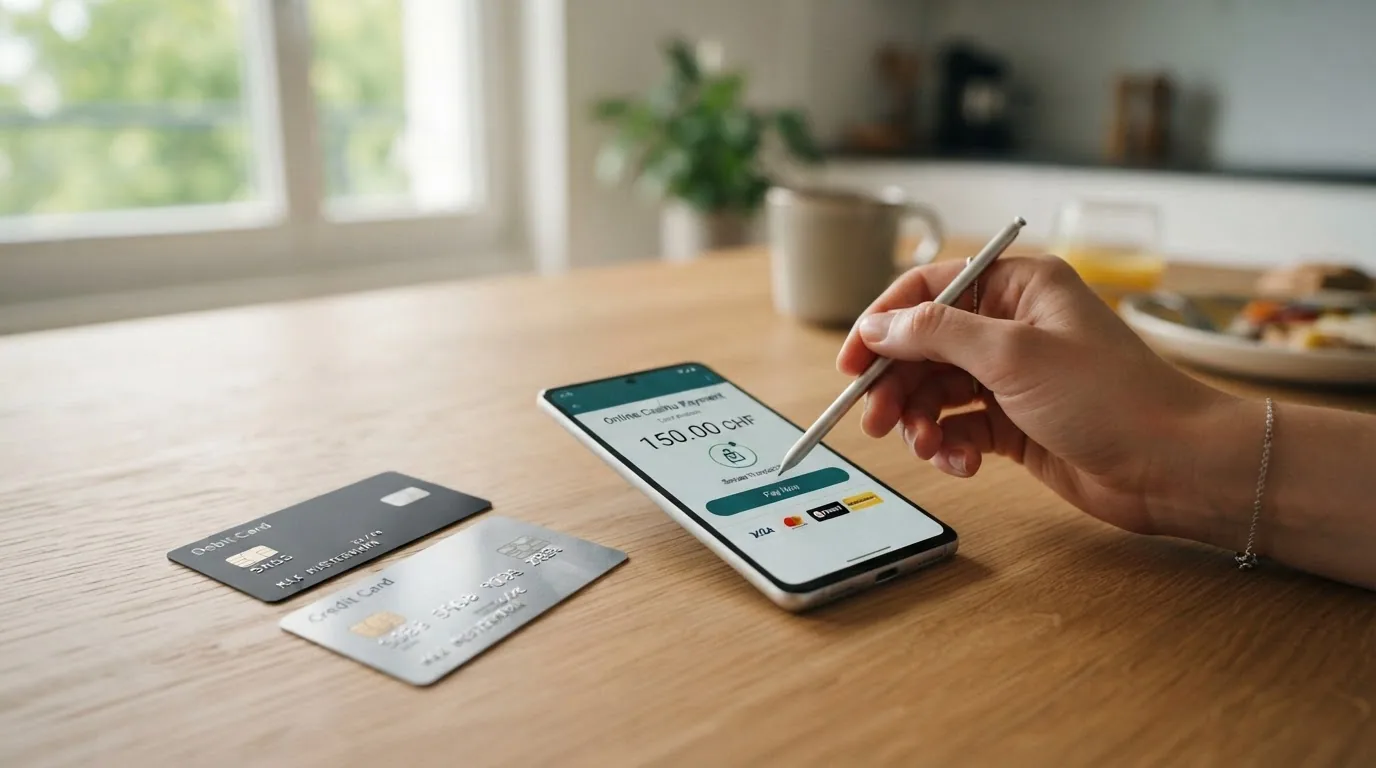 Ein Smartphone mit geöffneter TWINT-App neben einer PostFinance-Karte und einer Kreditkarte