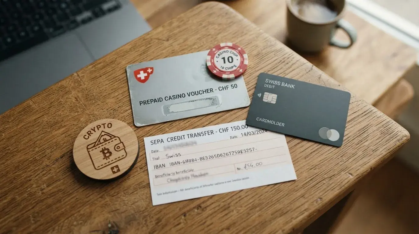 Collage aus Zahlungslogos: Paysafecard, Kreditkarte, SEPA-Überweisung und Krypto-Wallet auf Schweizer Hintergrund