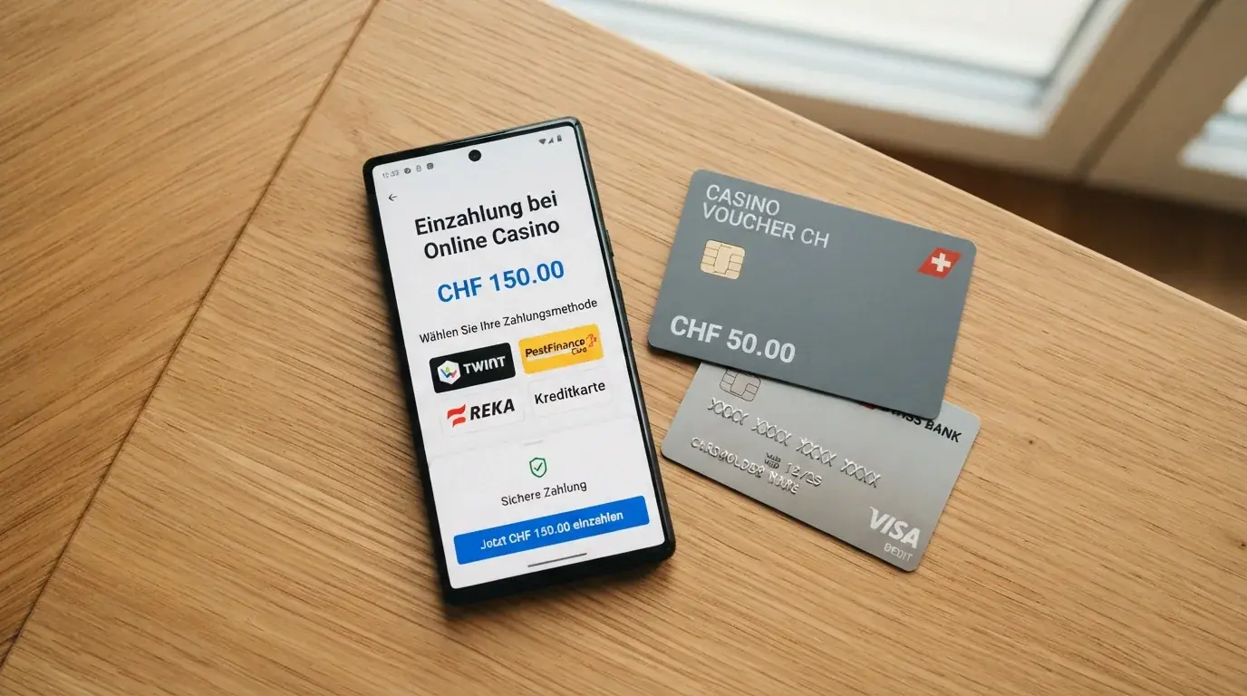 Smartphone mit TWINT- und PostFinance-Pay-Logo auf dem Bildschirm, daneben Paysafecard-Karte und Kreditkarte