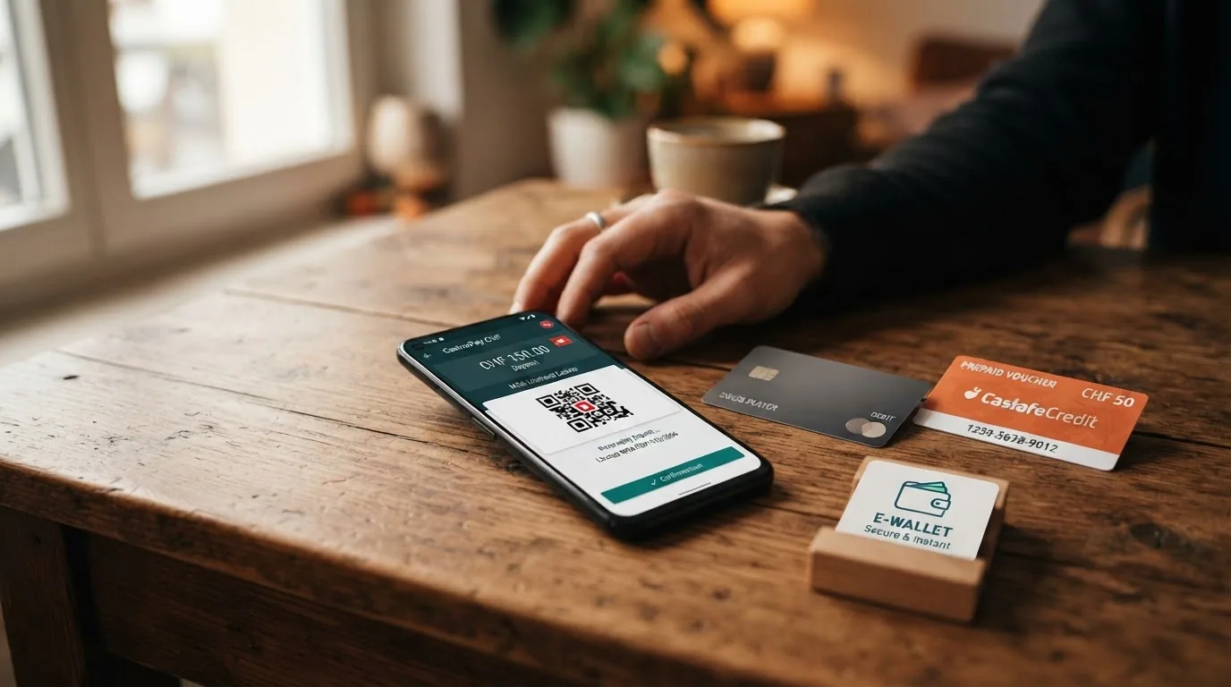 Verschiedene Zahlungsmittel auf einem Holztisch: ein Smartphone mit TWINT-App, eine PostFinance-Karte, eine Visa-Karte und ein Paysafecard-Code