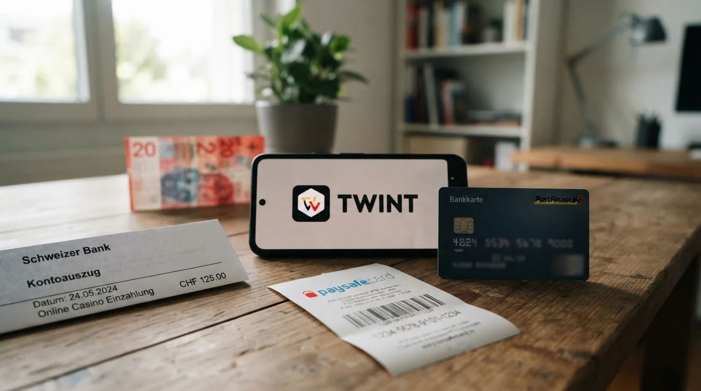 Eine Collage aus TWINT-Logo, PostFinance-Karte, einem Paysafecard-PIN-Beleg und einem Schweizer Bankkonto-Auszug
