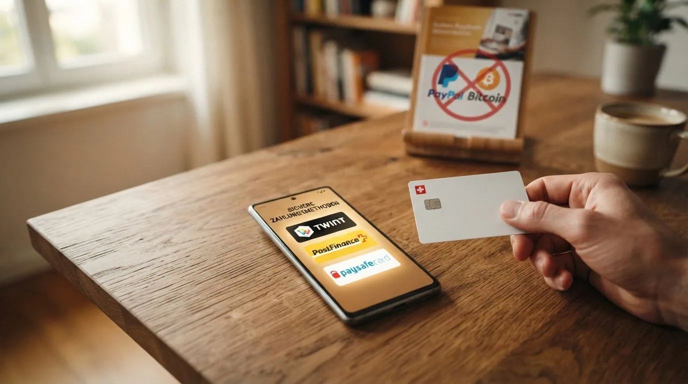 Eine Auswahl Schweizer Zahlungsmittel — TWINT-Logo PostFinance-Card paysafecard — mit einem durchgestrichenen PayPal- und Bitcoin-Symbol daneben