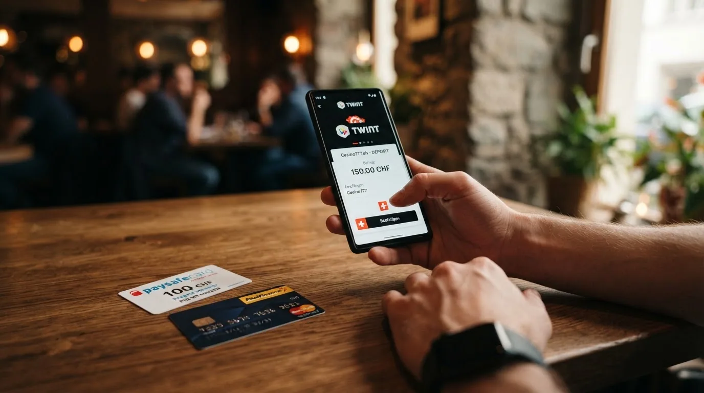 Ein Smartphone mit TWINT-App geöffnet, daneben eine Kreditkarte und Paysafecard